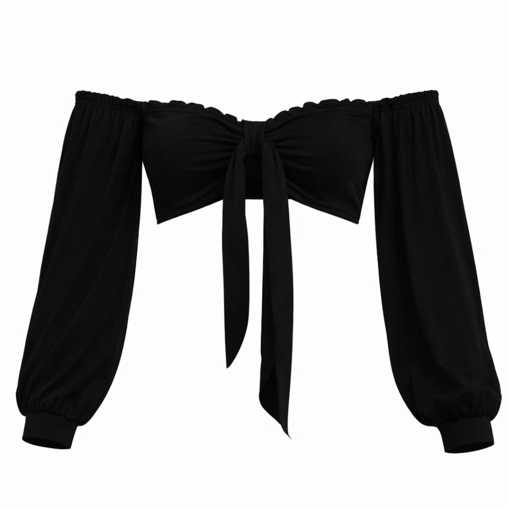 Off the Shoulder Longsleeve Tie Front Crop Top in Black